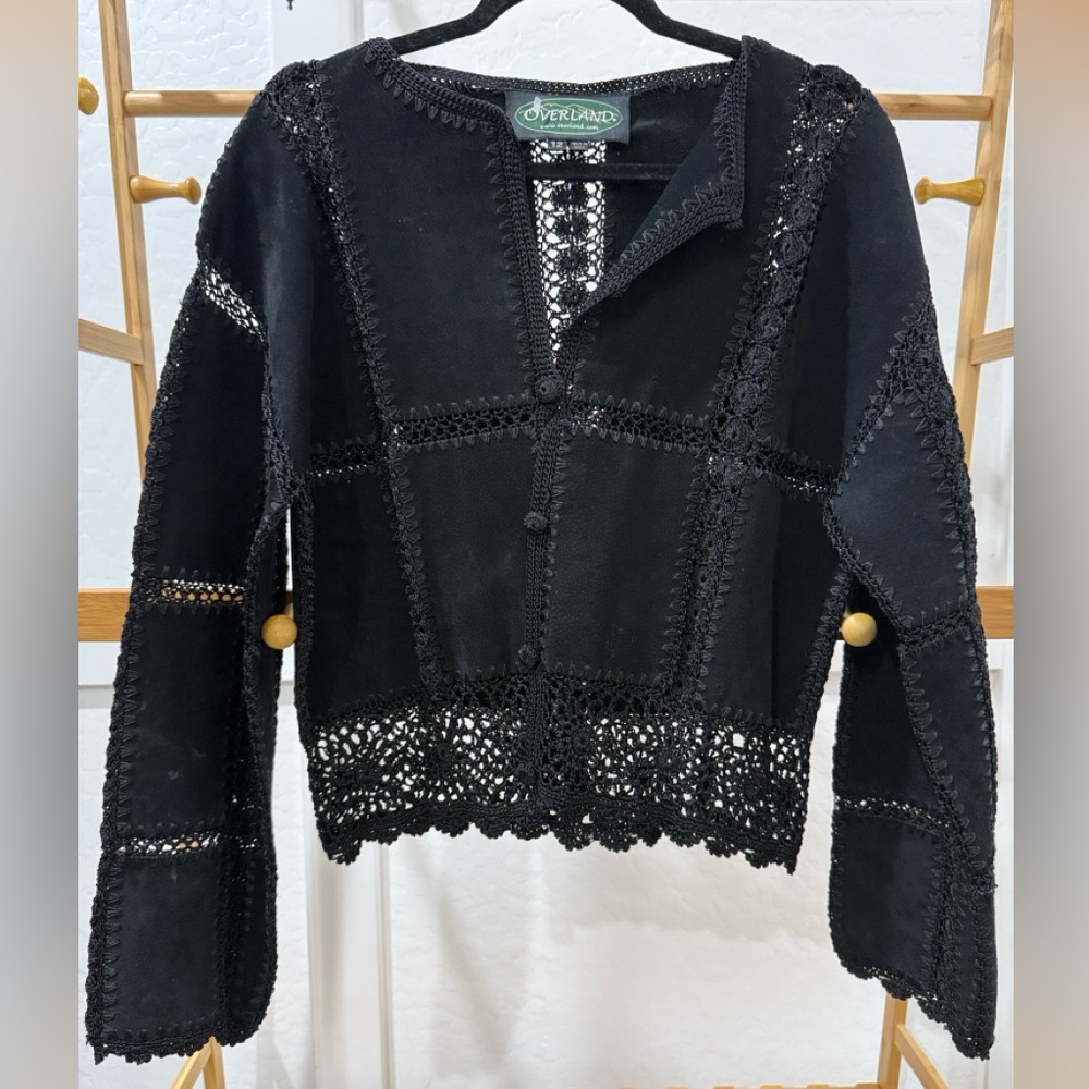 Vintage 100% leather Overland Black Crochet Jacket